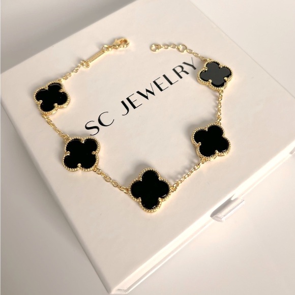 Clover Bracelet Double Sided Black Onyx Stone Luxury Jewelry - Picture 2 of 15